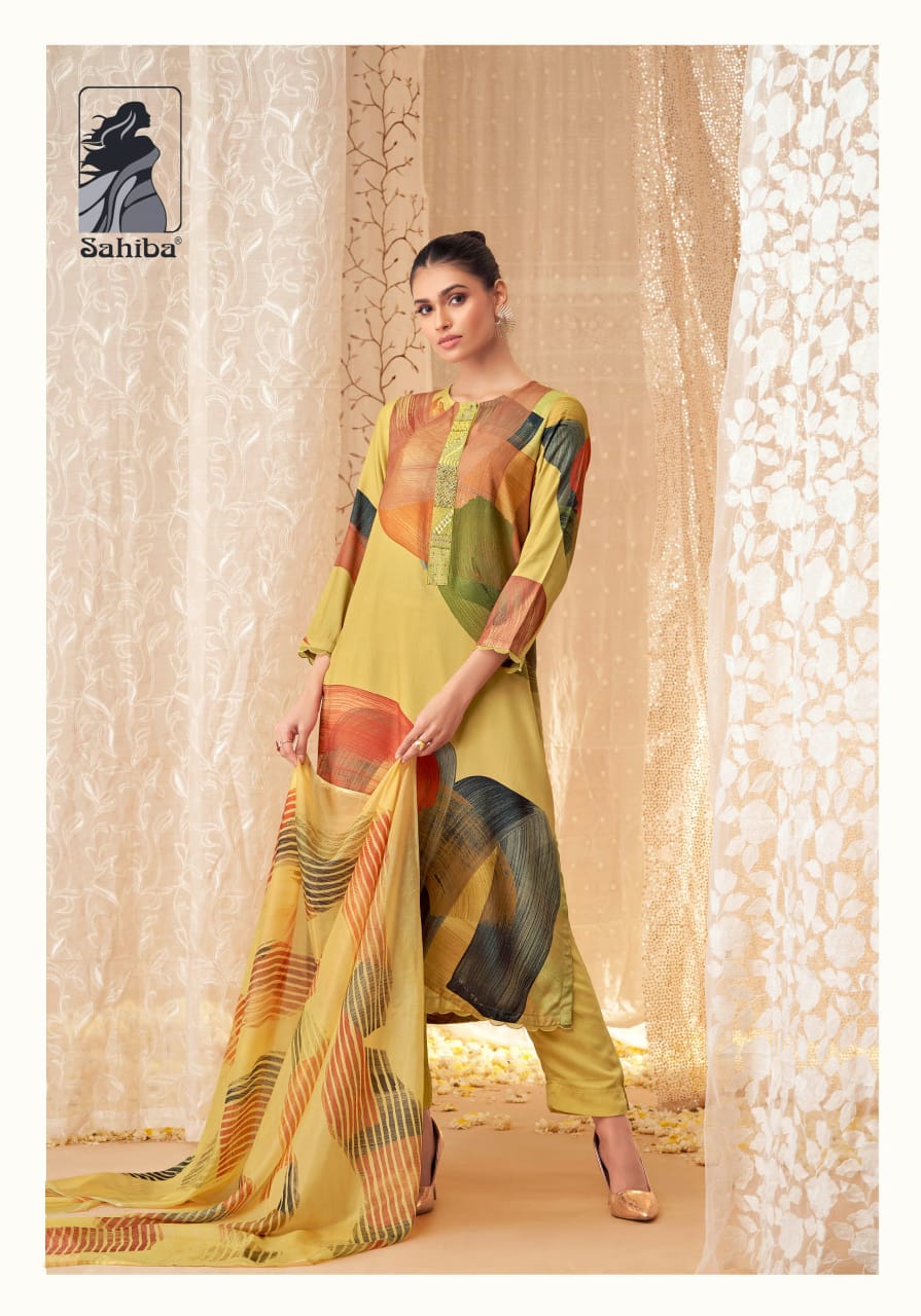 Nazma By Sahiba Stape Twill Digital Printed Dress Material Wholesale Shop In Surat